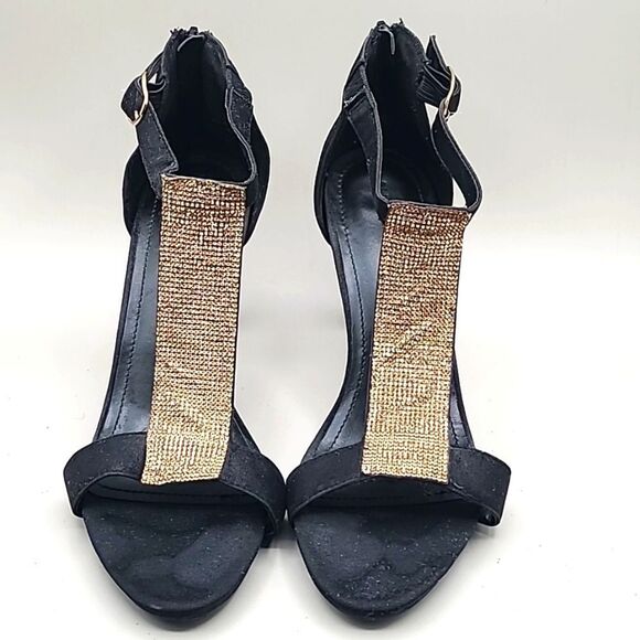 Lane Bryant Black Velvet Ankle Strap Heels with Gold Rhinestones, Size 10W - Picture 3 of 10
